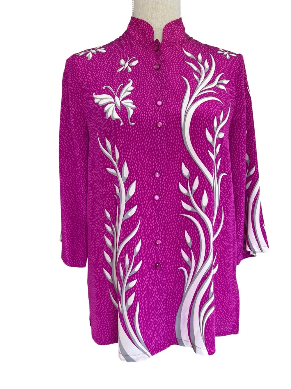 Bob Mackie Wearable Art Pink Silk Tunic Blouse Three Quarter Sleeve Size XS